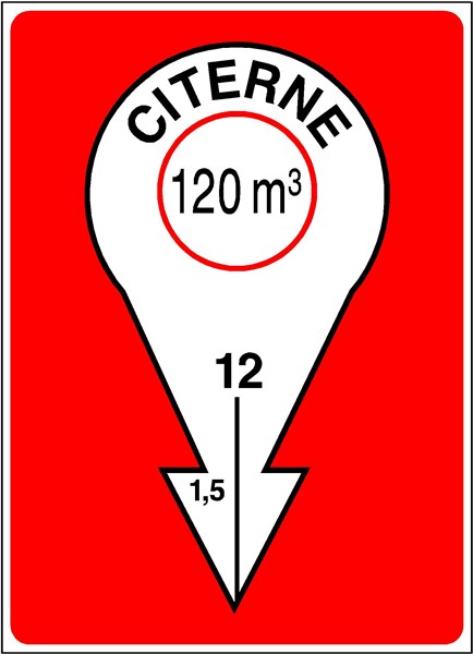 Exemple type de signalisation pour point d'eau.
Ici, il s'agit d'une citerne de 120 m3, situé à 12 mètres sous le sol et dont l'accès se trouve à 1,5 mètre à gauche du panneau.