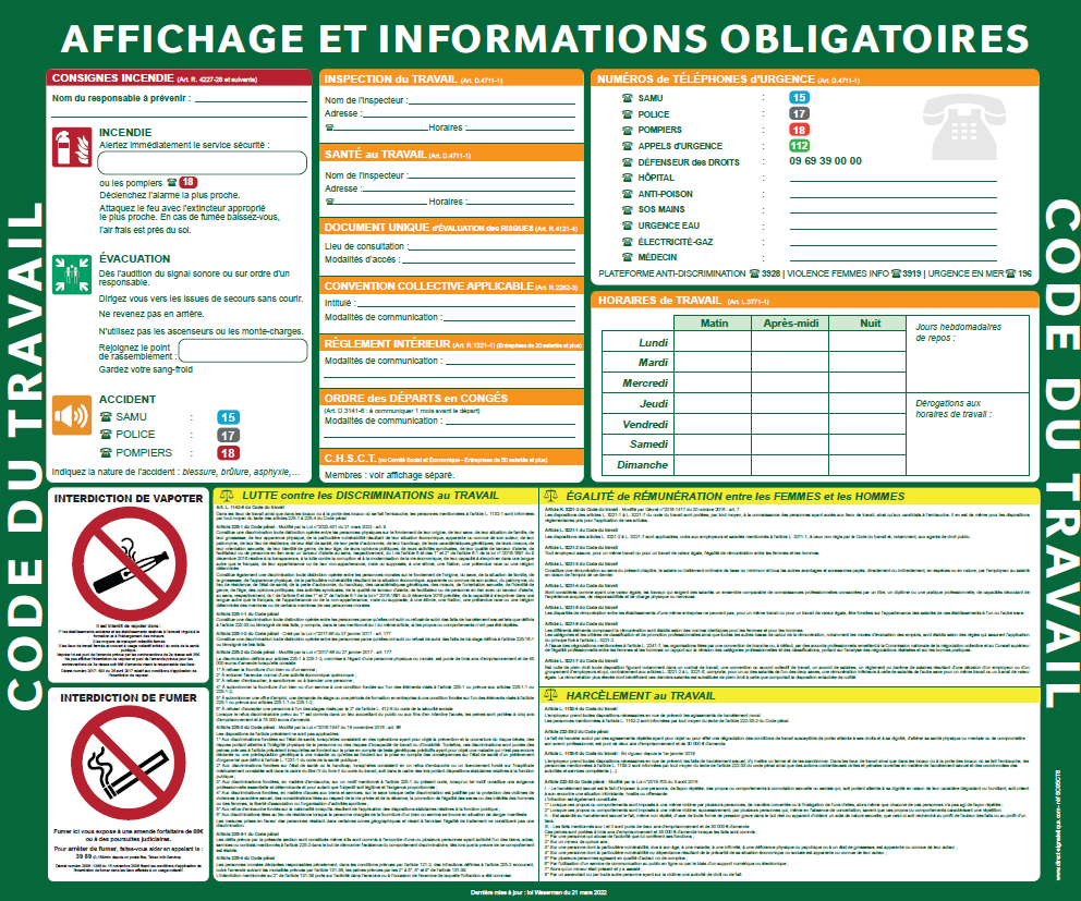 affichage obligatoire 2022 code du travail