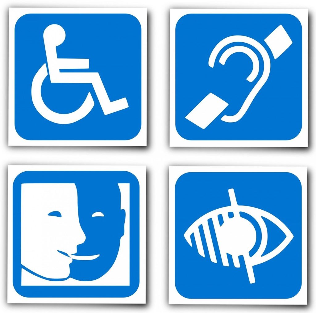 pictogrammes des différents handicaps (PMR, sourds ou malentendant, aveugle, handicaps cognitifs)